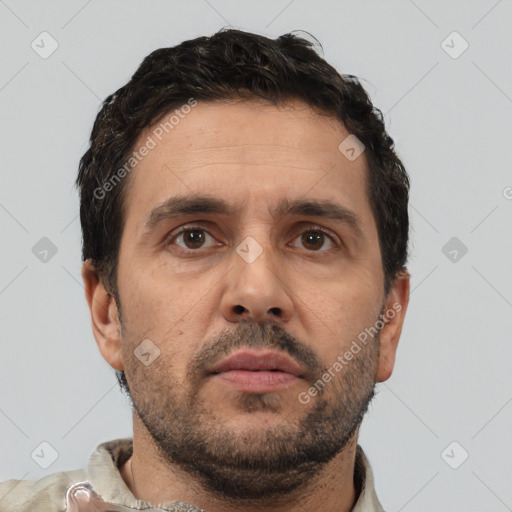 Neutral white adult male with short  brown hair and brown eyes