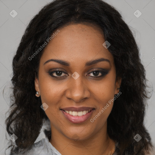 Joyful black young-adult female with medium  brown hair and brown eyes