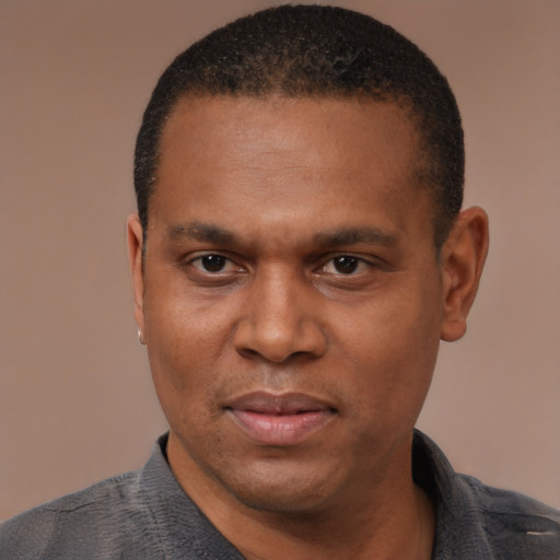 Joyful latino adult male with short  black hair and brown eyes