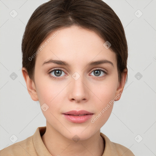 Neutral white young-adult female with short  brown hair and grey eyes