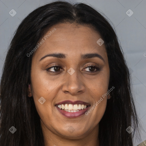 Joyful latino young-adult female with long  brown hair and brown eyes