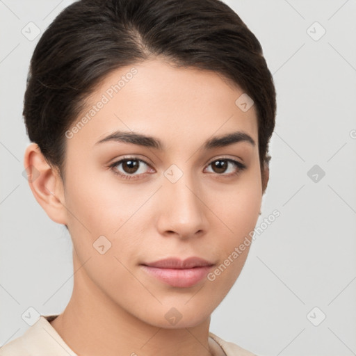 Neutral white young-adult female with short  brown hair and brown eyes