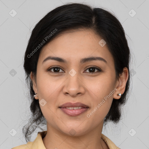 Joyful latino young-adult female with medium  brown hair and brown eyes