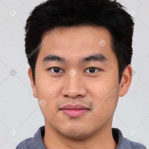 Joyful asian young-adult male with short  black hair and brown eyes