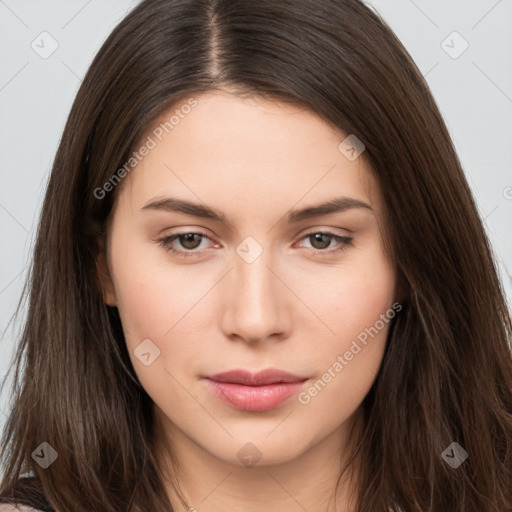 Neutral white young-adult female with long  brown hair and brown eyes