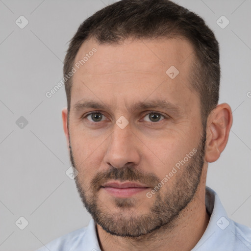 Neutral white adult male with short  brown hair and brown eyes