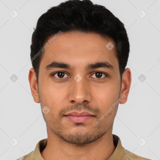 Neutral latino young-adult male with short  black hair and brown eyes