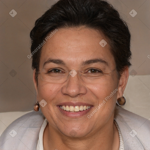 Joyful white adult female with short  brown hair and brown eyes