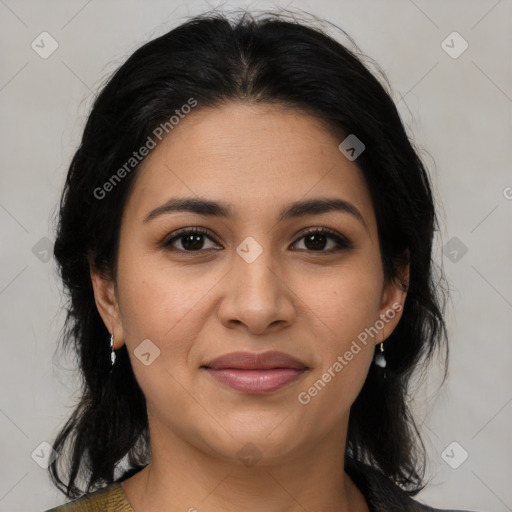 Joyful latino young-adult female with medium  brown hair and brown eyes