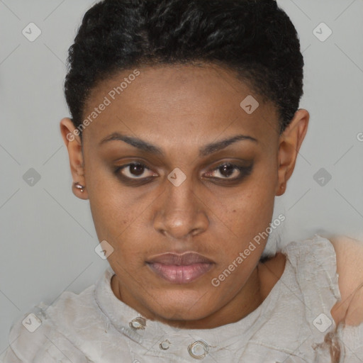 Neutral black young-adult female with short  brown hair and brown eyes