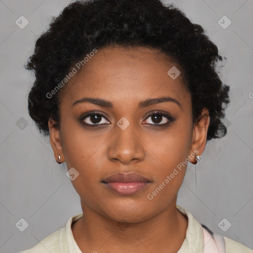 Neutral black young-adult female with short  black hair and brown eyes