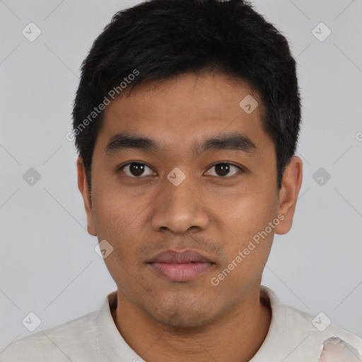 Joyful latino young-adult male with short  black hair and brown eyes