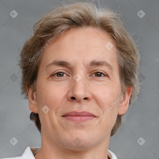 Joyful white adult male with short  brown hair and grey eyes