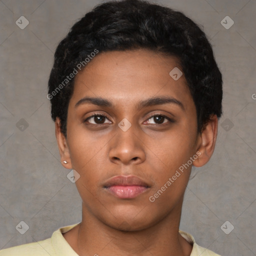 Neutral black young-adult female with short  black hair and brown eyes