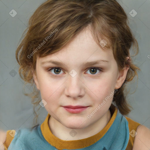 Joyful white child female with medium  brown hair and brown eyes