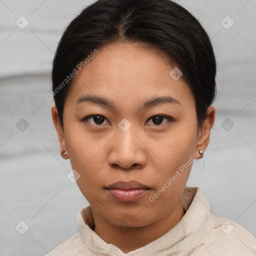 Neutral asian young-adult female with short  brown hair and brown eyes