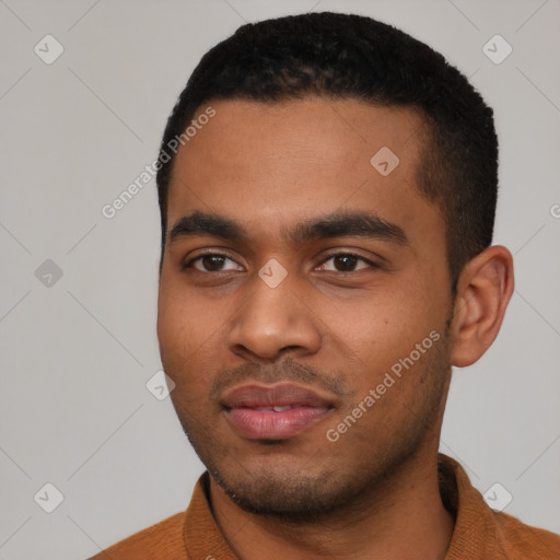 Joyful latino young-adult male with short  black hair and brown eyes