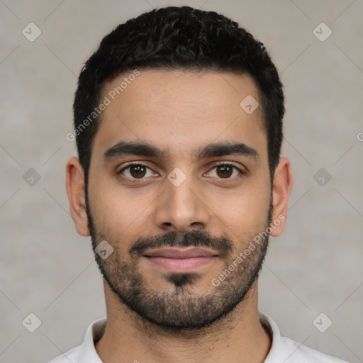 Neutral latino young-adult male with short  black hair and brown eyes