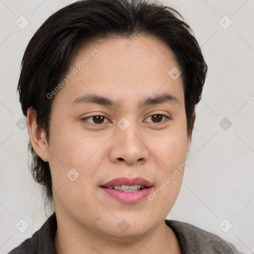 Joyful white young-adult female with medium  brown hair and brown eyes