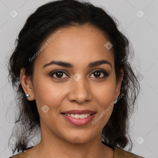 Joyful latino young-adult female with medium  brown hair and brown eyes