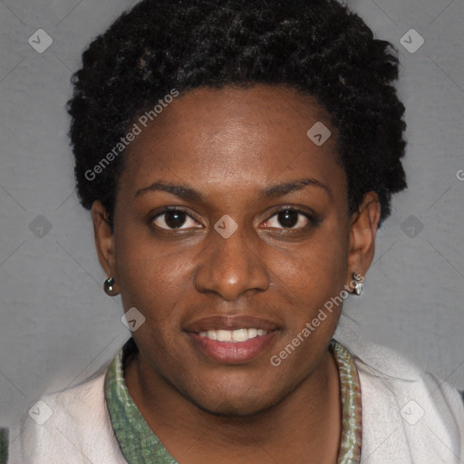 Joyful black young-adult female with short  brown hair and brown eyes