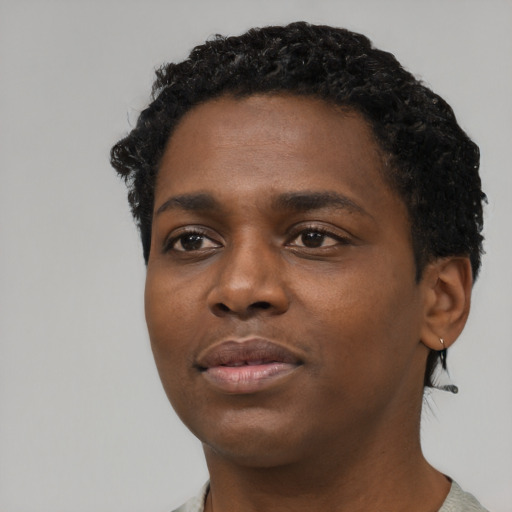 Neutral black young-adult male with short  black hair and brown eyes