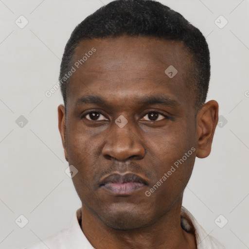 Neutral black young-adult male with short  black hair and brown eyes
