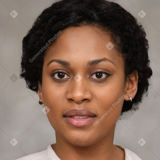 Joyful latino young-adult female with short  black hair and brown eyes