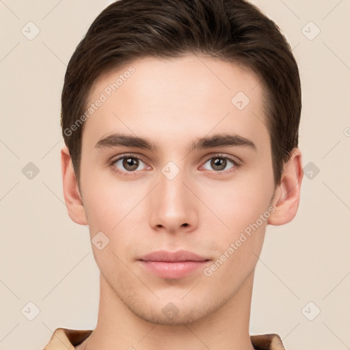 Neutral white young-adult male with short  brown hair and brown eyes