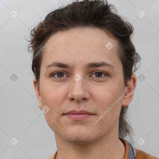 Neutral white young-adult female with short  brown hair and brown eyes