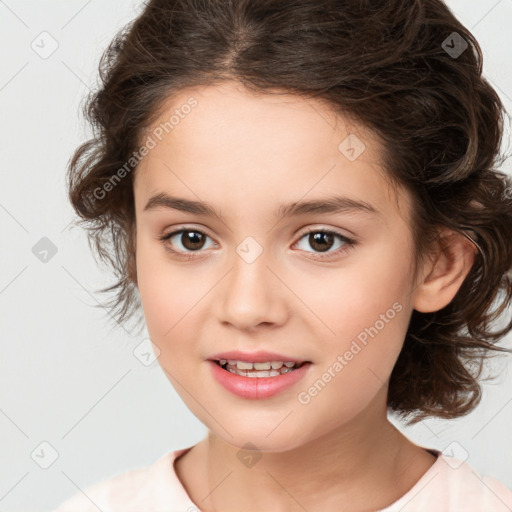 Joyful white child female with medium  brown hair and brown eyes