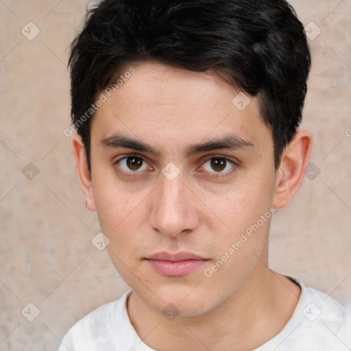 Neutral white young-adult male with short  brown hair and brown eyes