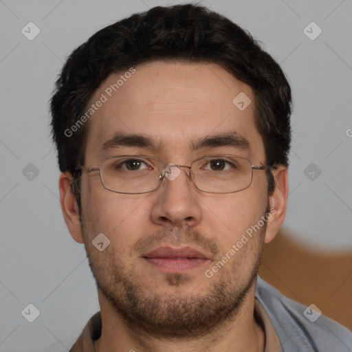 Neutral white young-adult male with short  brown hair and brown eyes