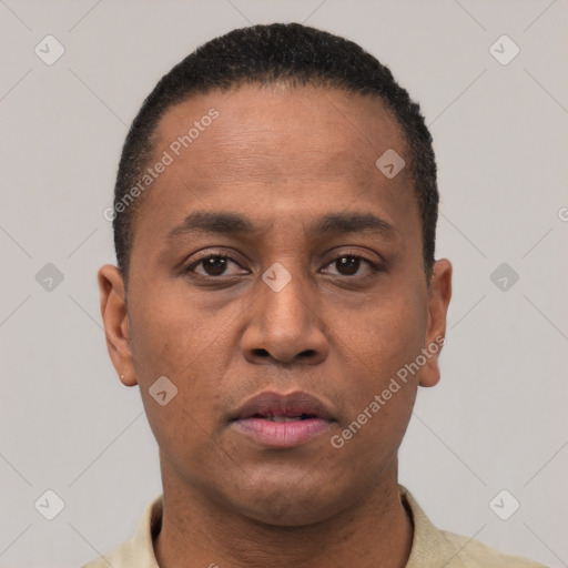 Neutral latino young-adult male with short  black hair and brown eyes