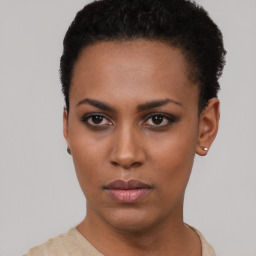 Neutral black young-adult female with short  black hair and brown eyes