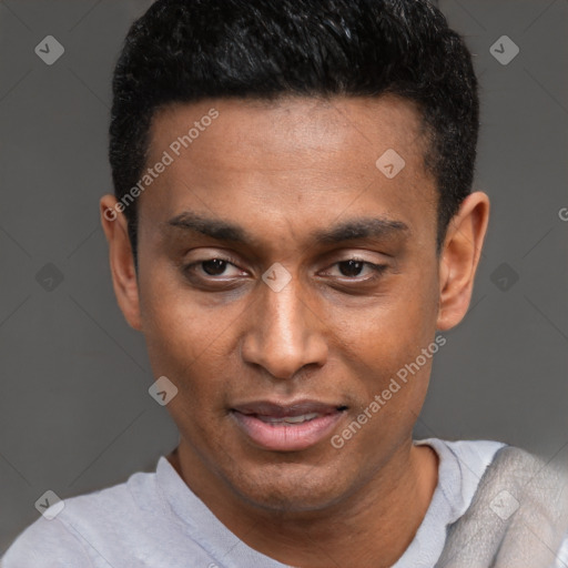 Joyful black young-adult male with short  black hair and brown eyes