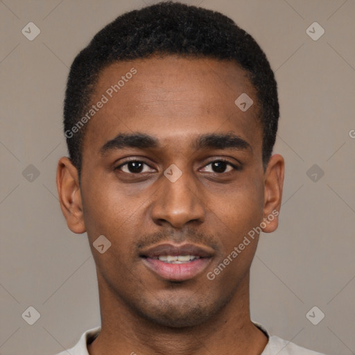 Neutral black young-adult male with short  brown hair and brown eyes