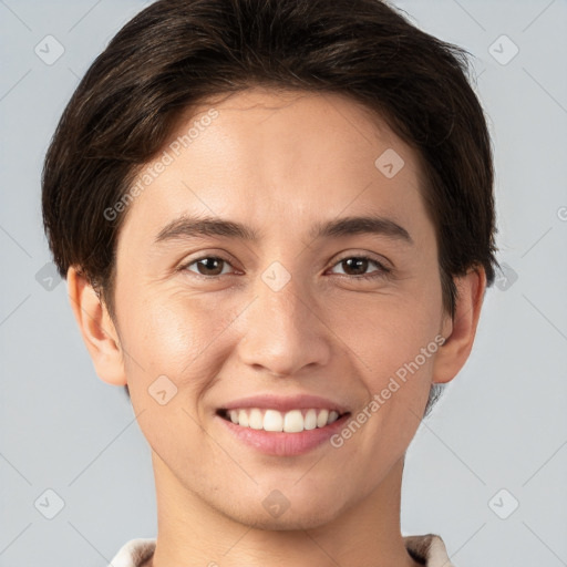 Joyful white young-adult female with short  brown hair and brown eyes