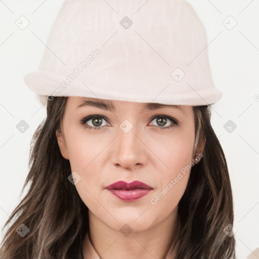 Neutral white young-adult female with medium  brown hair and grey eyes