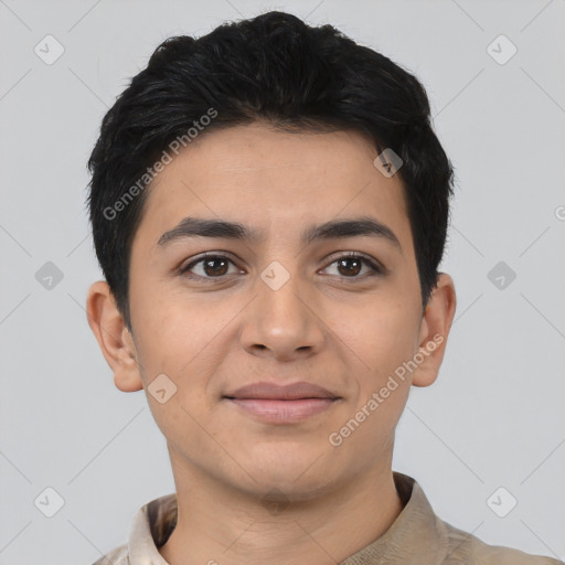 Joyful latino young-adult male with short  black hair and brown eyes