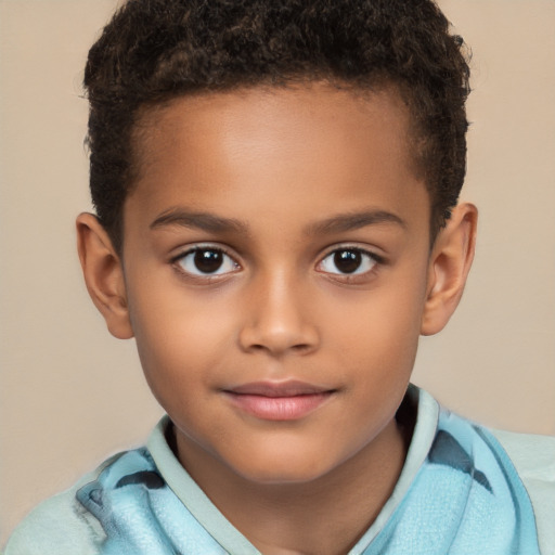 Joyful black child female with short  brown hair and brown eyes