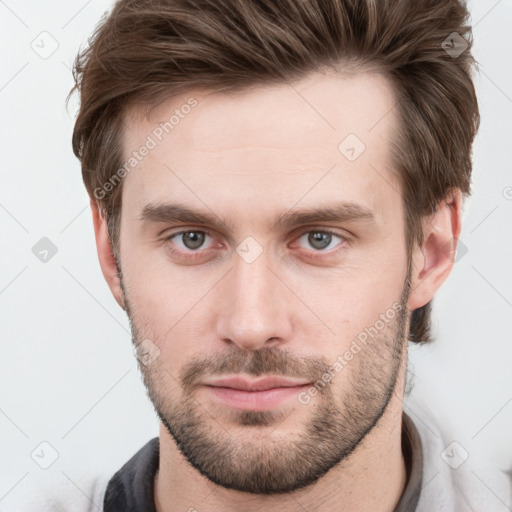 Neutral white young-adult male with short  brown hair and grey eyes