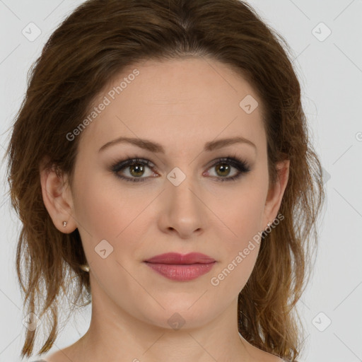 Joyful white young-adult female with medium  brown hair and green eyes