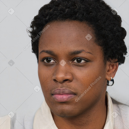 Neutral black young-adult female with short  black hair and brown eyes