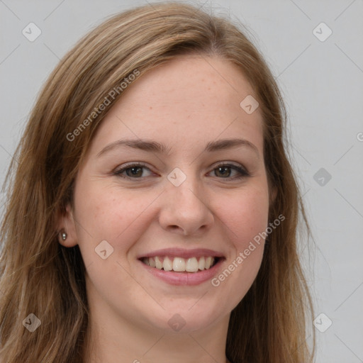 Joyful white young-adult female with long  brown hair and grey eyes