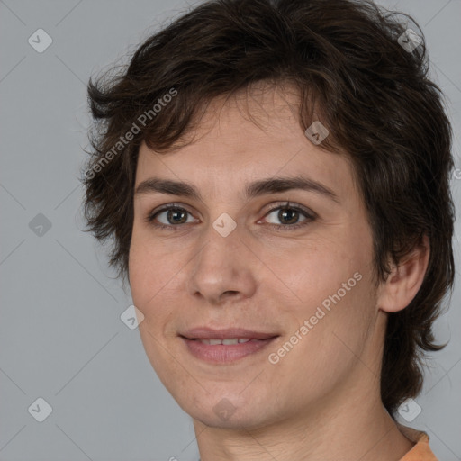 Joyful white adult female with medium  brown hair and brown eyes