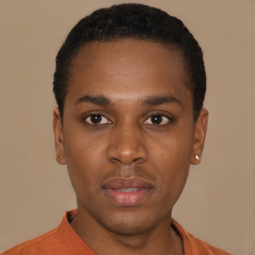 Neutral black young-adult male with short  black hair and brown eyes