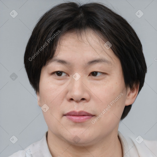 Joyful asian adult female with short  brown hair and brown eyes