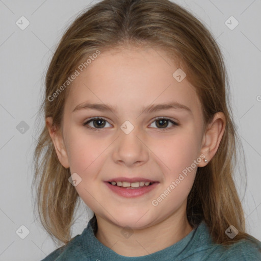 Joyful white child female with medium  brown hair and brown eyes