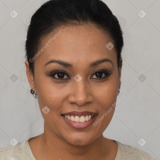 Joyful latino young-adult female with short  brown hair and brown eyes